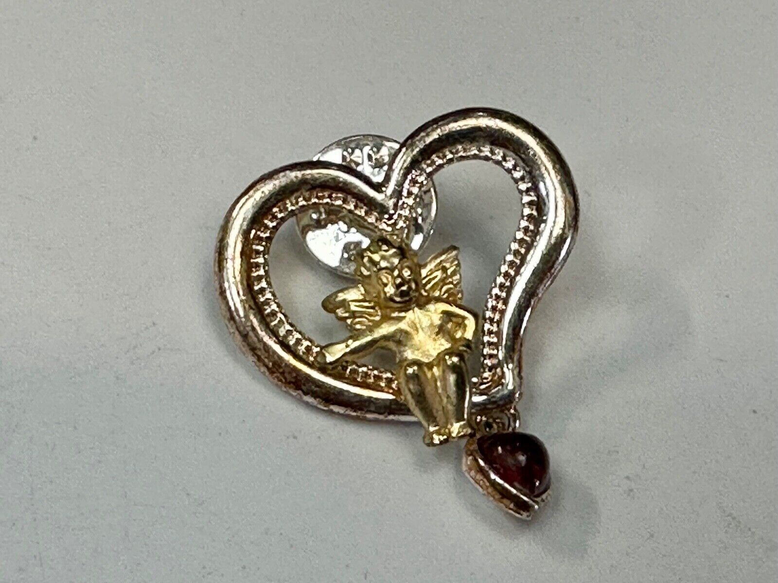 Angle Sitting in Heart Shaped Brooch pin with red heart dangle charm