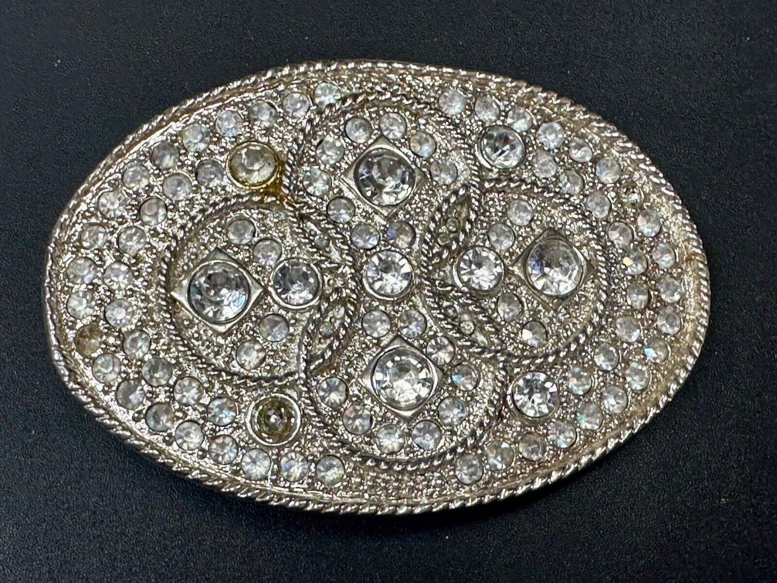 Vintage Appearance silver tone oval Belt Buckle - missing a few Rhinestone's