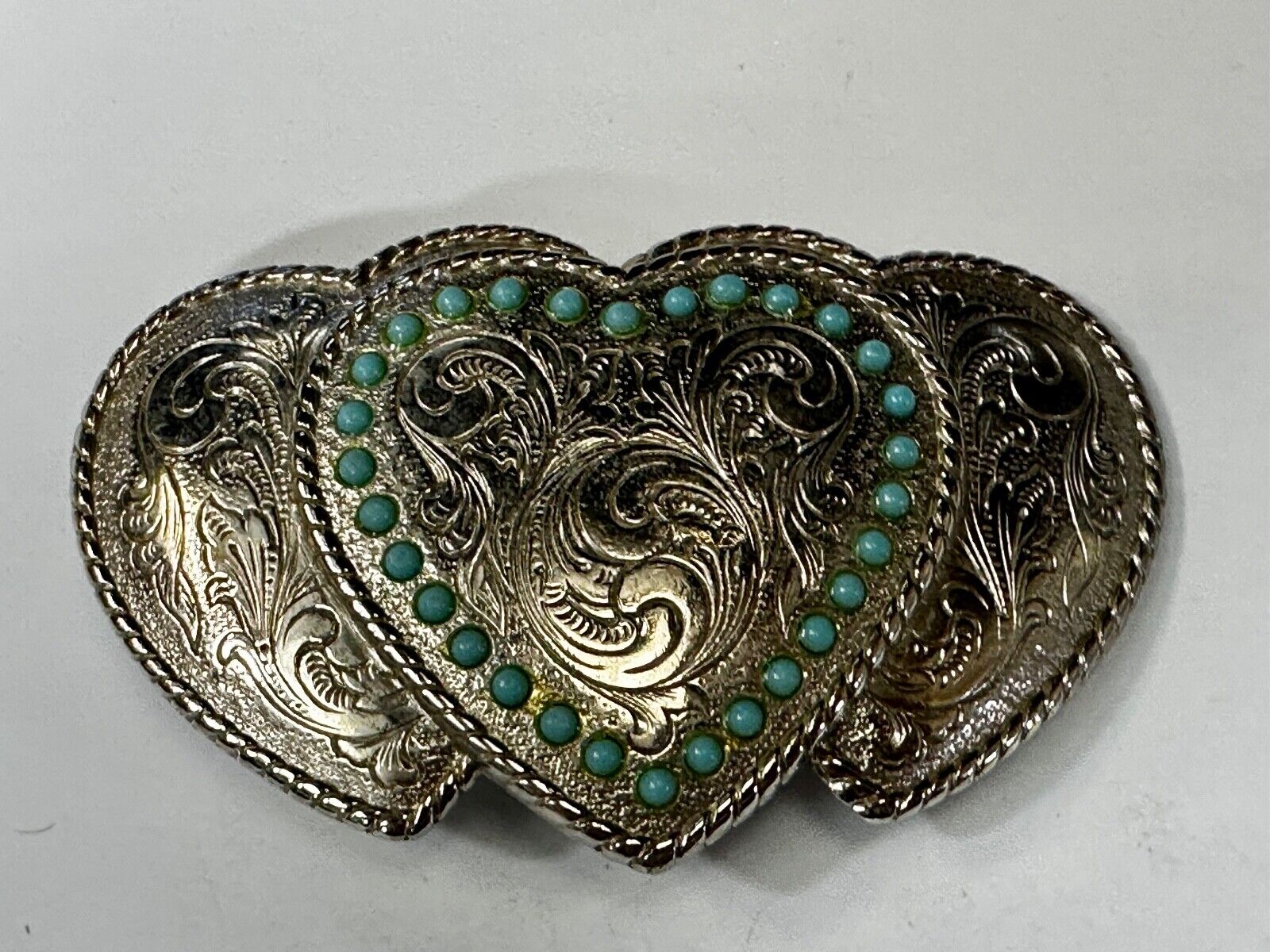 Triple 3 Hearts - Turquoise Colored Accented Or Outlined Three Heart Belt Buckle