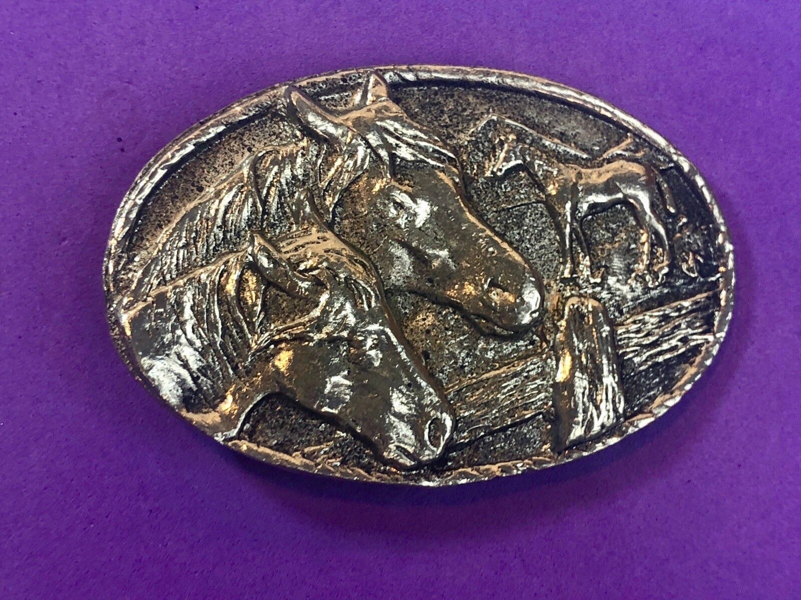 Three Horses on the farm Belt Buckle - wood fence, pony western 