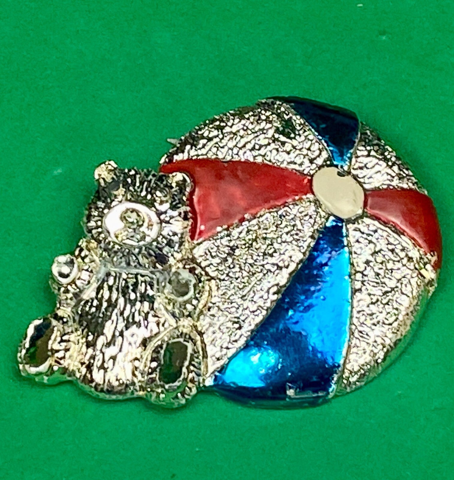 Teddy Bear with Beach Ball Vintage Blue Red Enamel Signed Brooch Pin