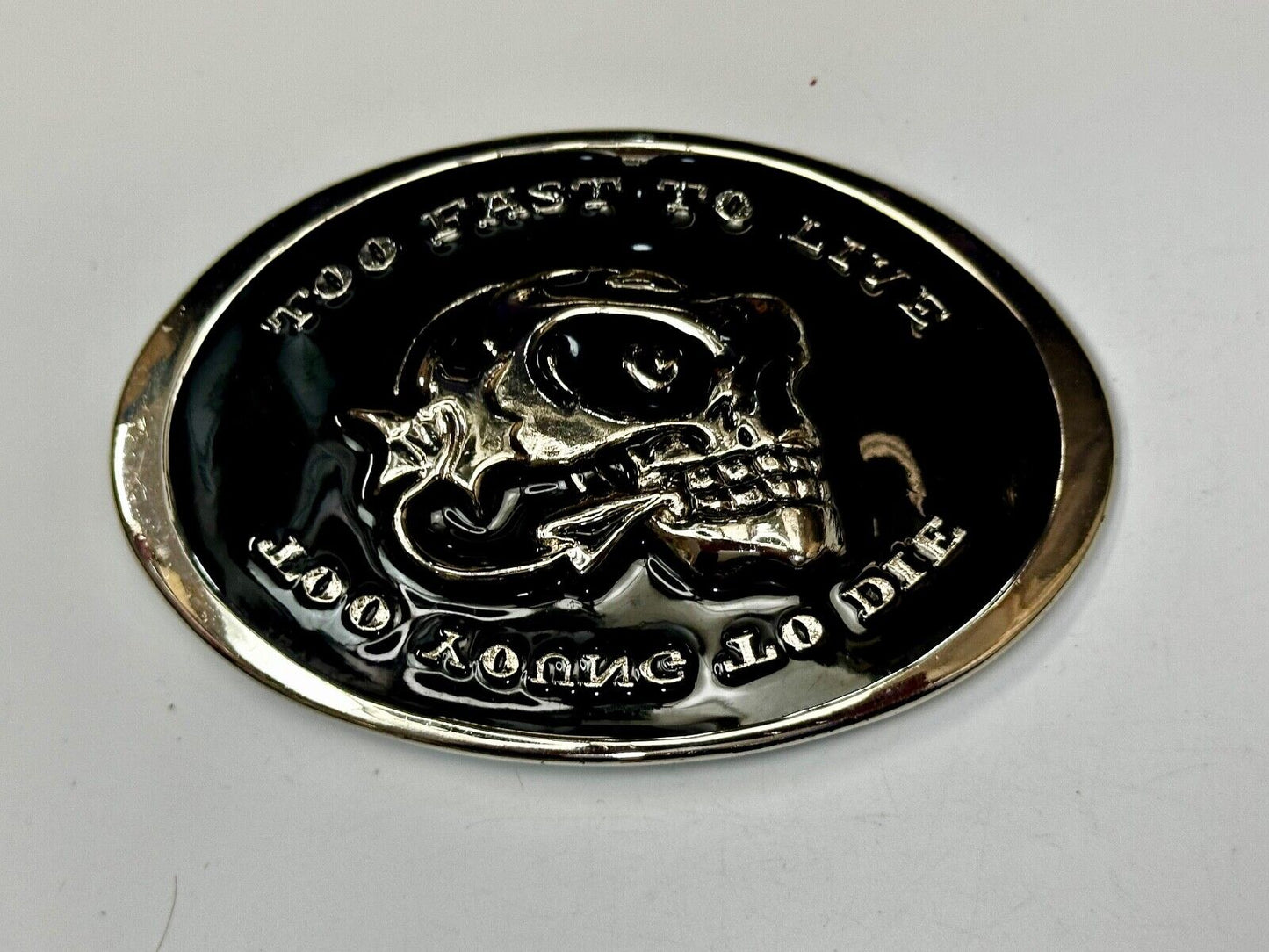 Too Fast to Live, Too Young to Die Skull black and silver tone Belt Buckle