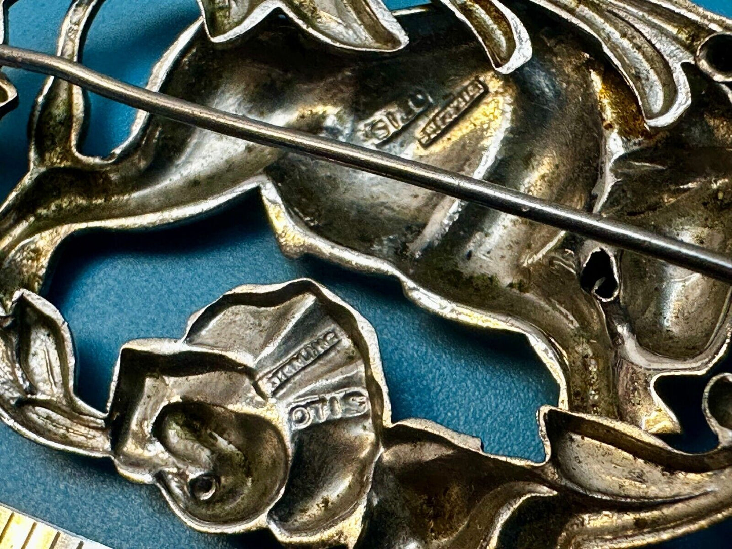 Taurus Bull 2" Wide Green Eyes -9 25 Sterling Silver Vintage Brooch by Otis