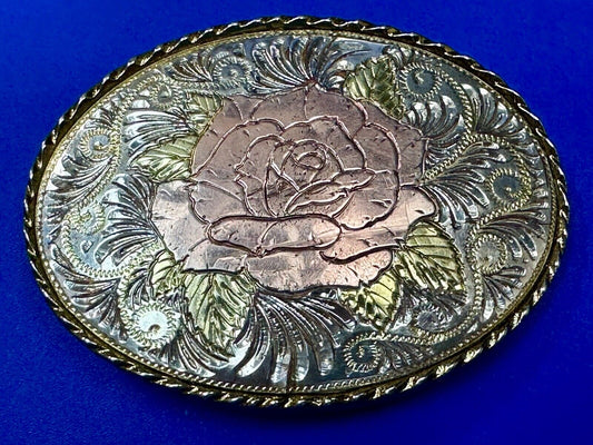 Beautiful Rose - Vintage mixed metal Western flower swirl theme Belt Buckle - W
