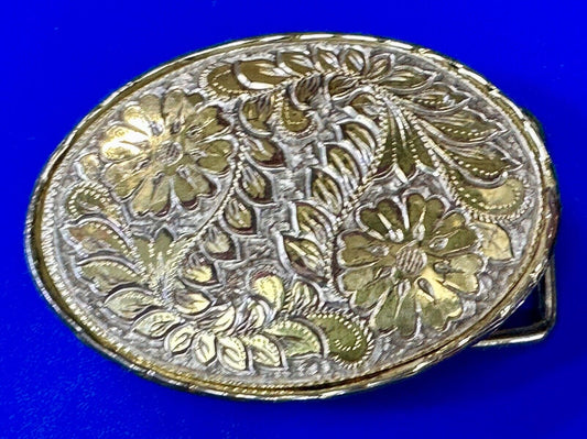 Two tone Floral Theme Pattern  vintage etched oval belt buckle marked W