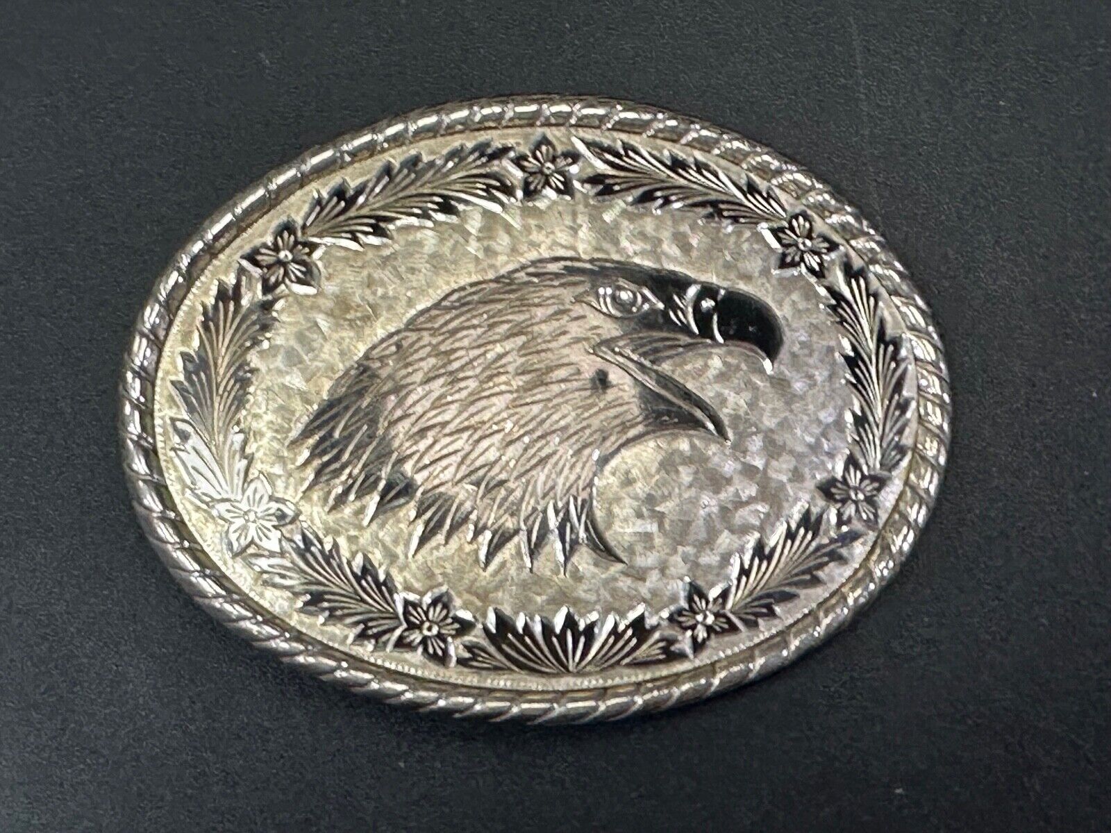 American Bald Eagle Bust profile, silver tone Etched belt buckle W Makers Mark