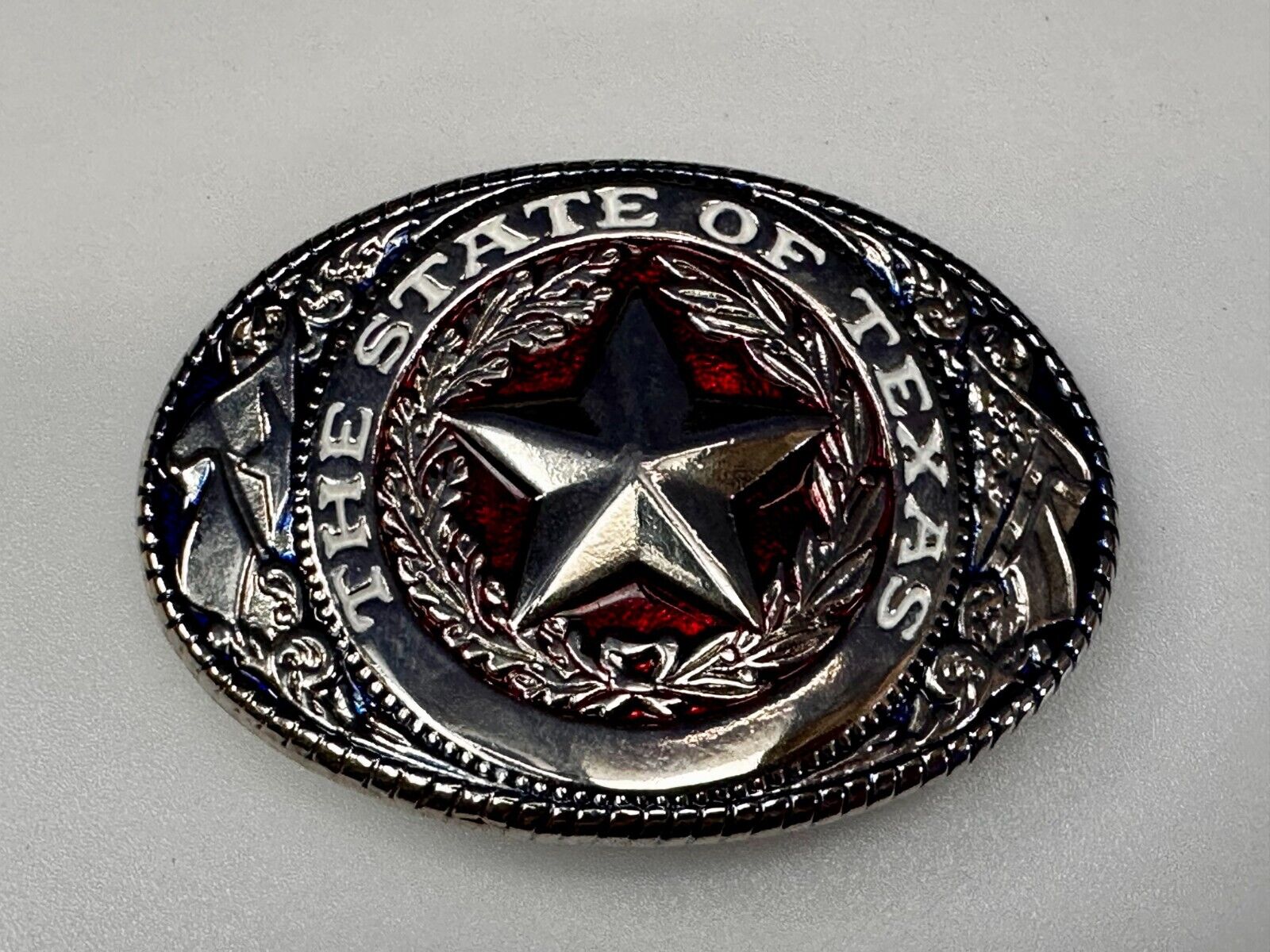 The Great State of Texas - Flag & Star Vtg. Red Blue & Black Color Belt Buckle