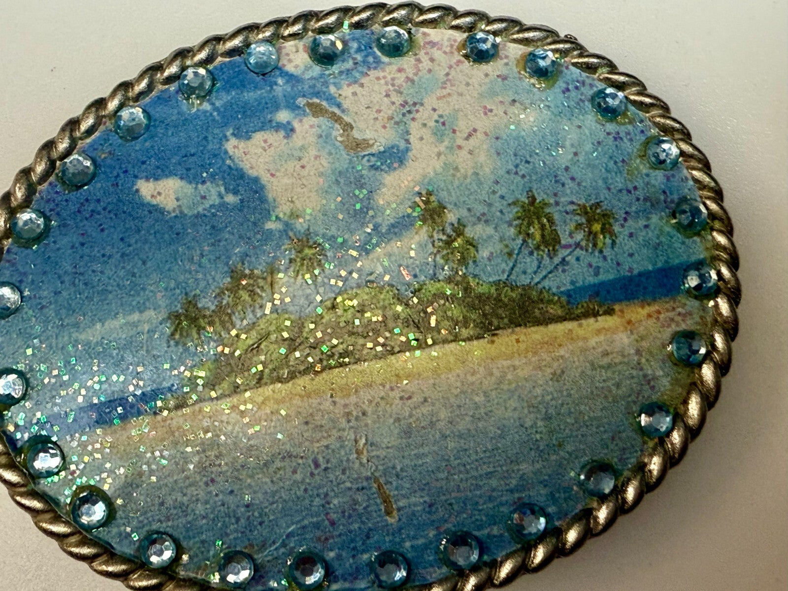 Tropical Island Paradise Picture Vintage Rhinestone Border Oval Belt Buckle