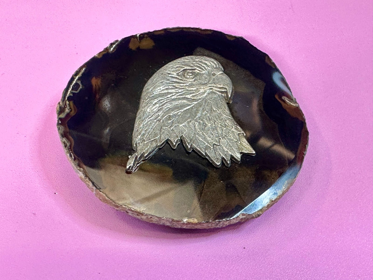 American Bald Eagle Head Carved Metal on Natural Stone Vintage Belt Buckle