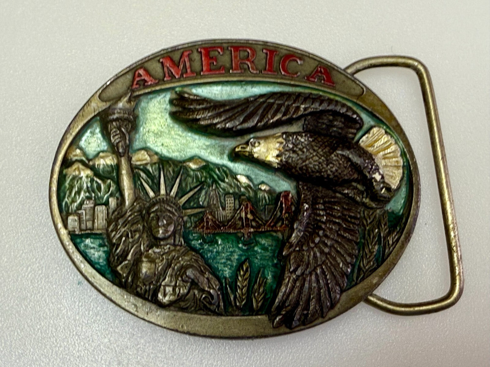 America Statue of Liberty Bald Eagle Golden State Bridge 1985 C+J Belt Buckle