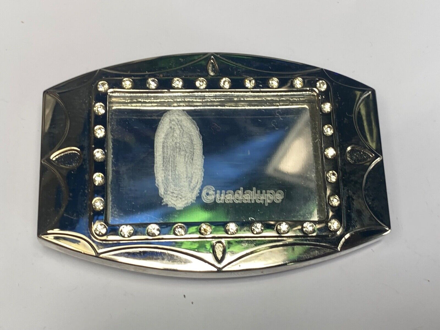 unique Mirrored Guadalupe with rhinestones silver color Hologram belt buckle