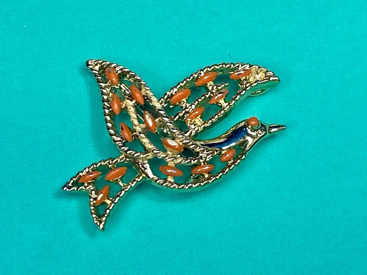 Vintage Gerry's Flying Bird Dove Orange Stone Enamel Gold Tone Brooch Pin