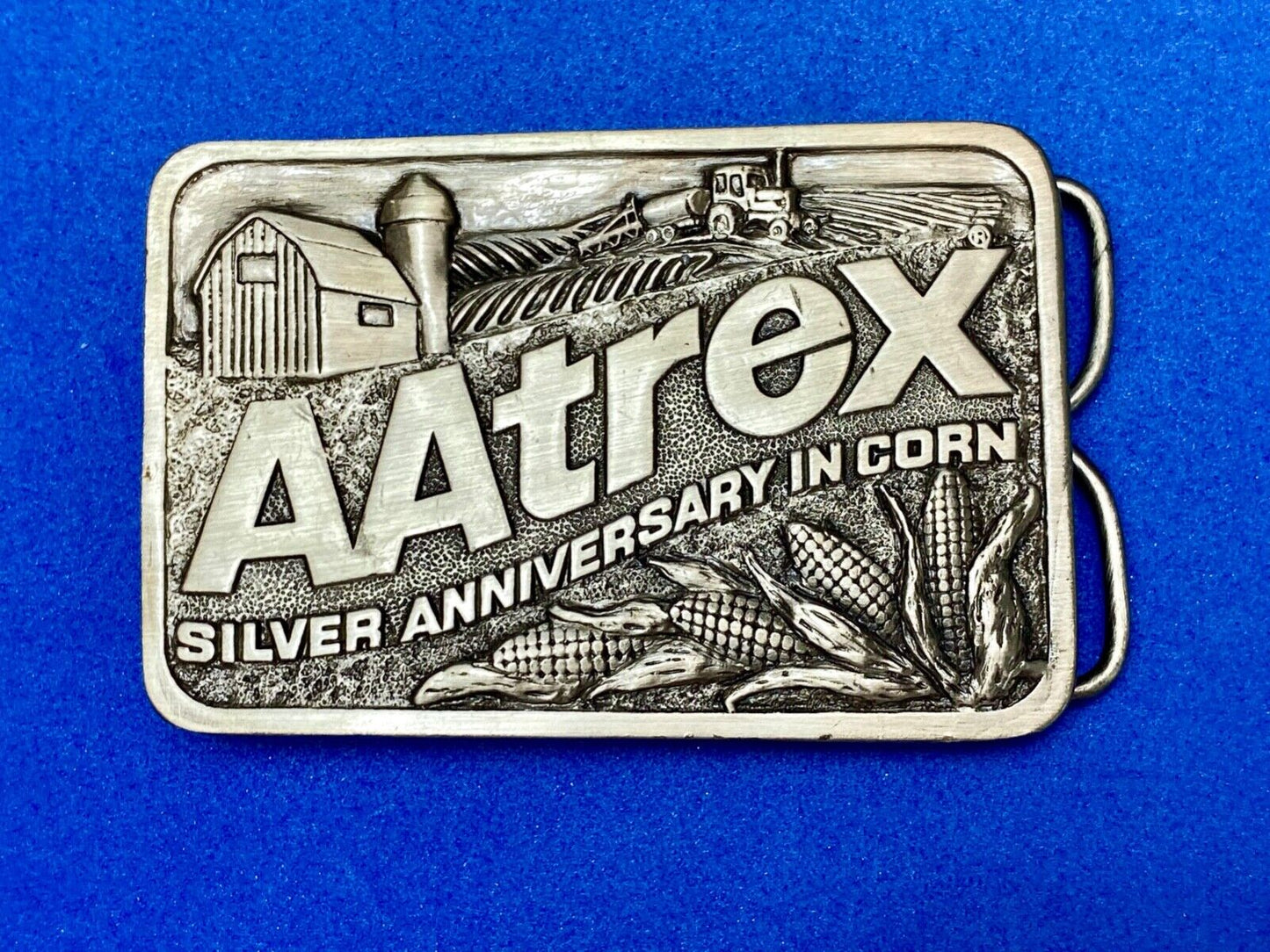 AAtrex Silver Anniversary Farm Tractor Barn Corn Farmer Belt Buckle