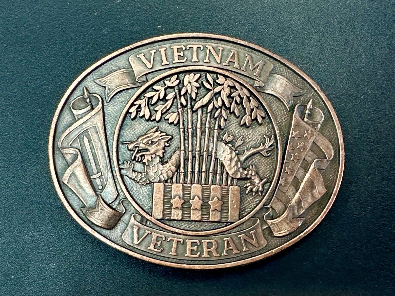Vietnam War Veteran - vintage dragon, Patriotic American Flag oval belt buckle