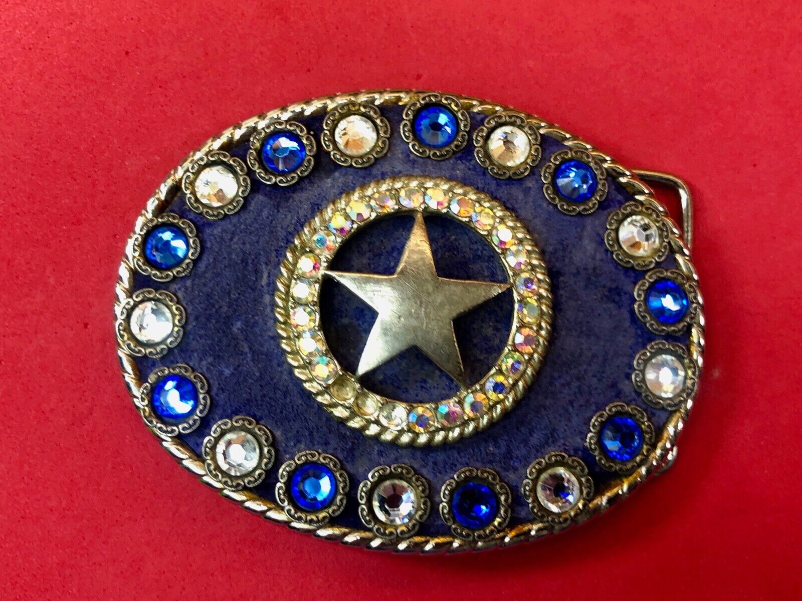 artisan multi color shades of blue star rhinestone centerpiece belt buckle 