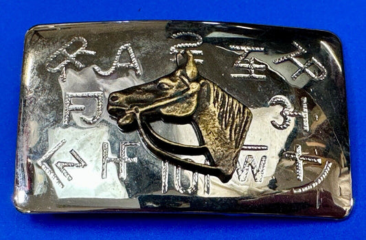 Vintage Horse head on two tone western belt buckle with cattle branding symbols