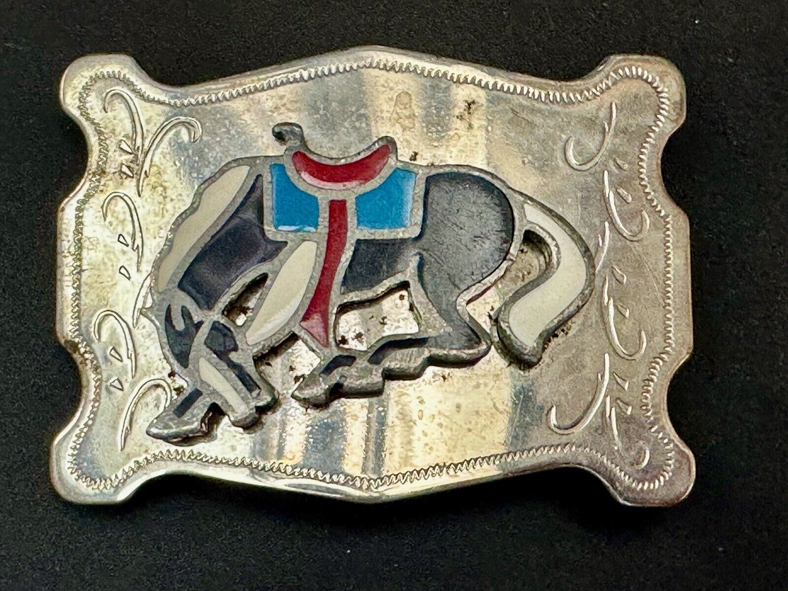 Vintage Cowboy's Horse Saddle Bronc western Inlaid enamel belt buckle