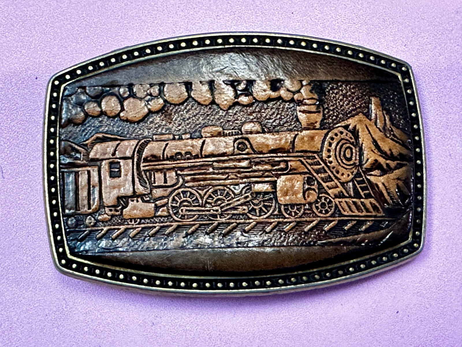 #4108 Train Locomotive Railroad Vtg. Leather on Metal Alumaline Belt Buckle