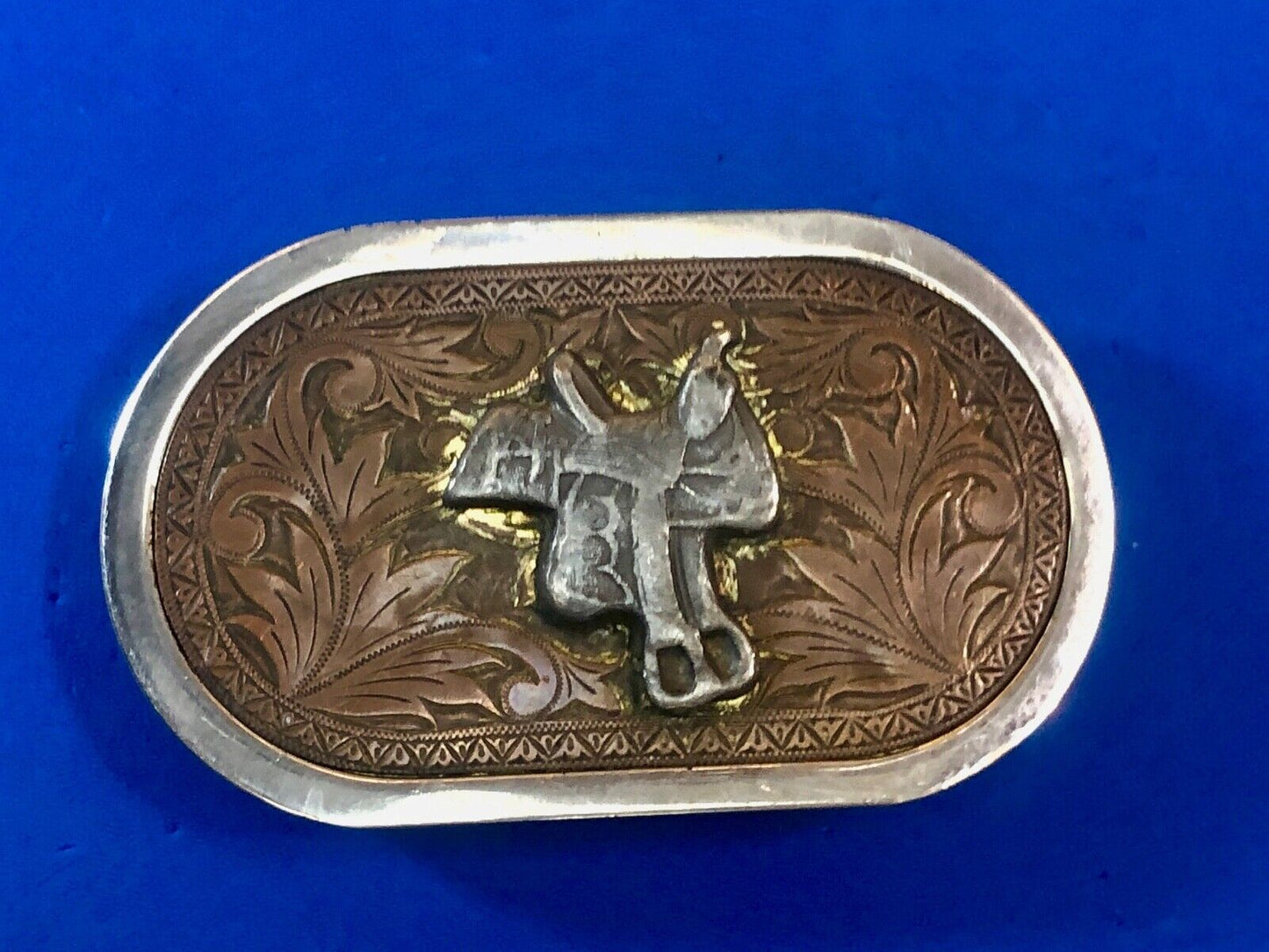 Vintage Horse saddle western belt buckle Nickel plate 