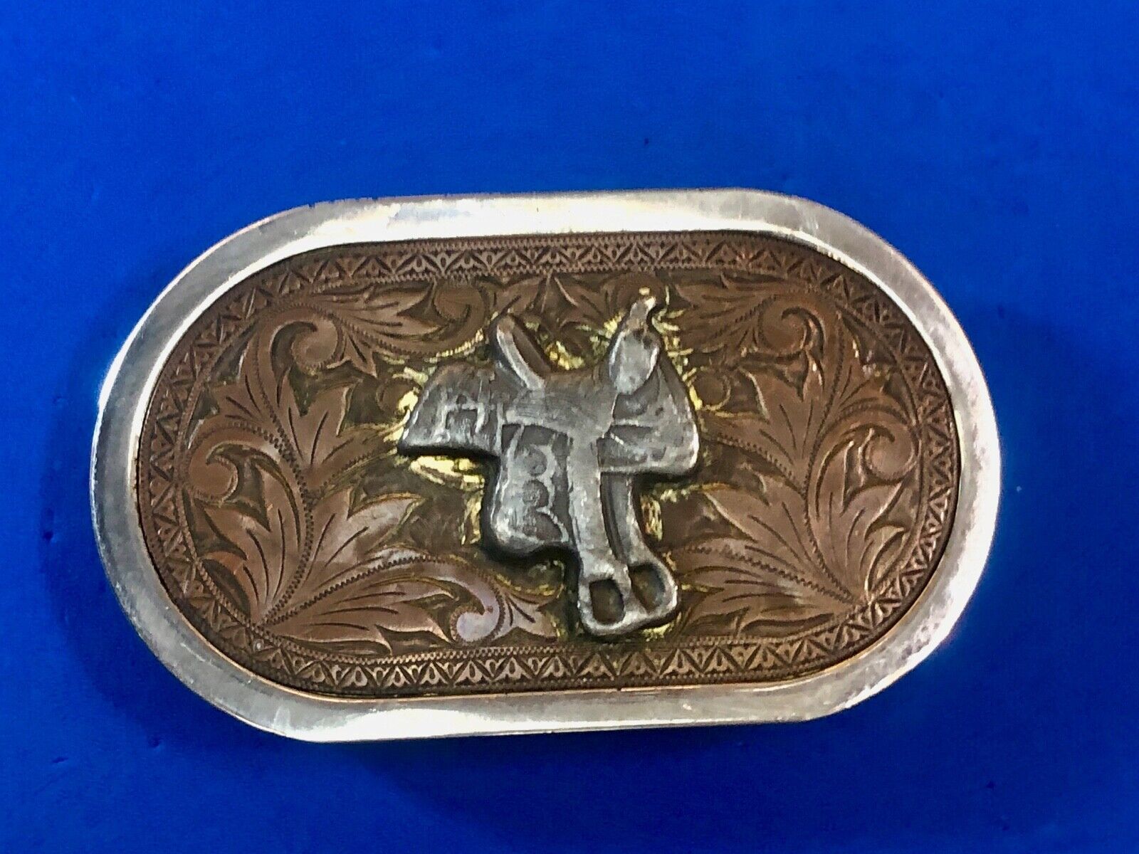 Vintage Horse saddle western belt buckle Nickel plate 