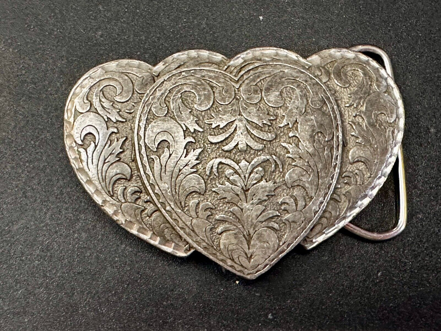 Triple Hearts Flower Swirl VTG 1995 Western Cowboy Cowgirl Belt Buckle C&J Inc.