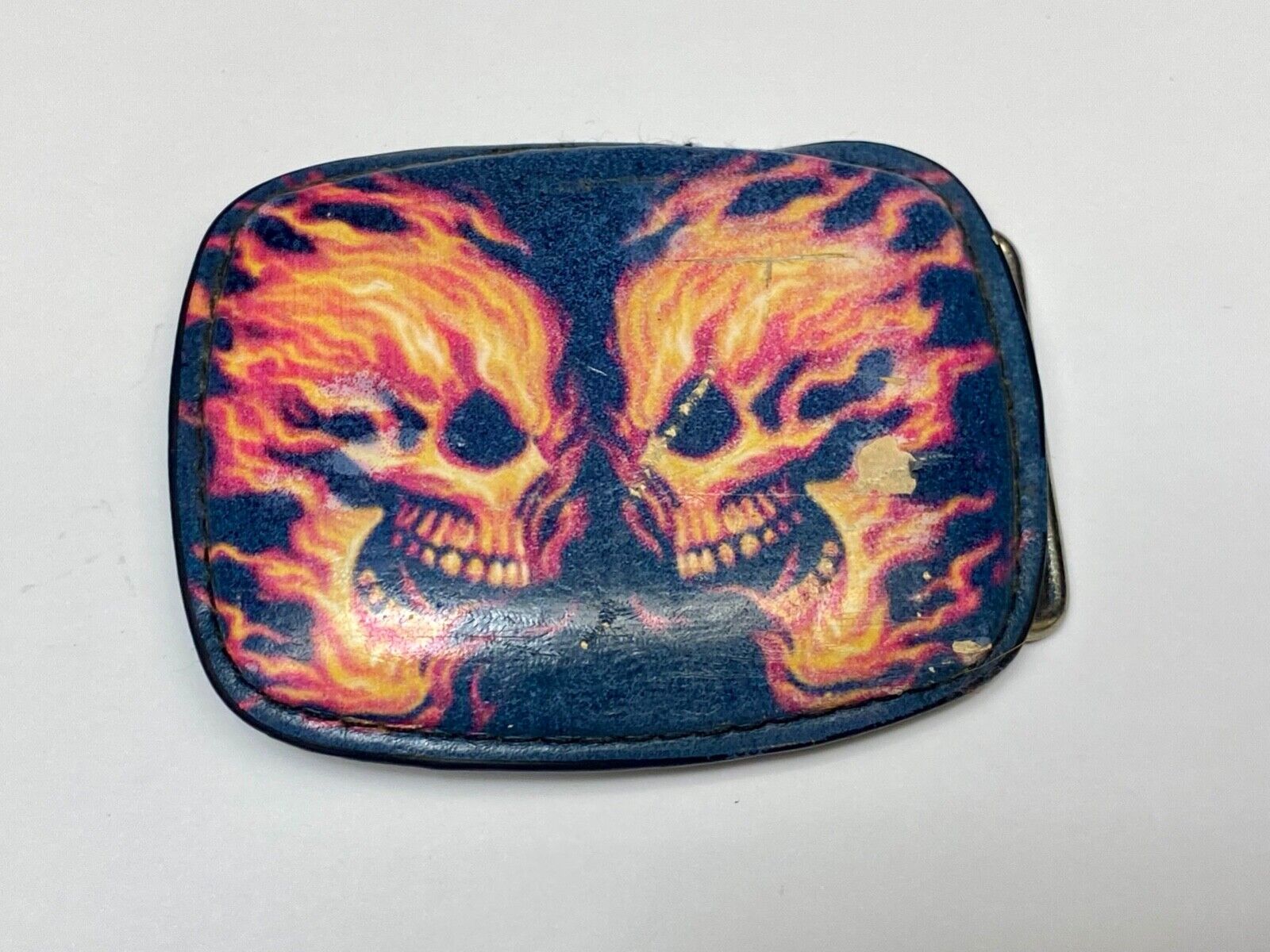 Two Flaming Skulls Heads Facing Each Other Black Belt Buckle