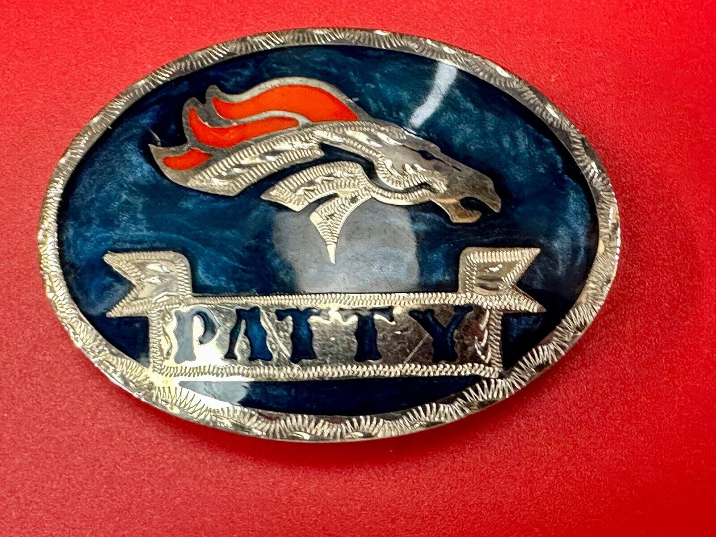 Artisan Custom Name PATTY ribbon - enamel inlaid Mustang race horse belt buckle