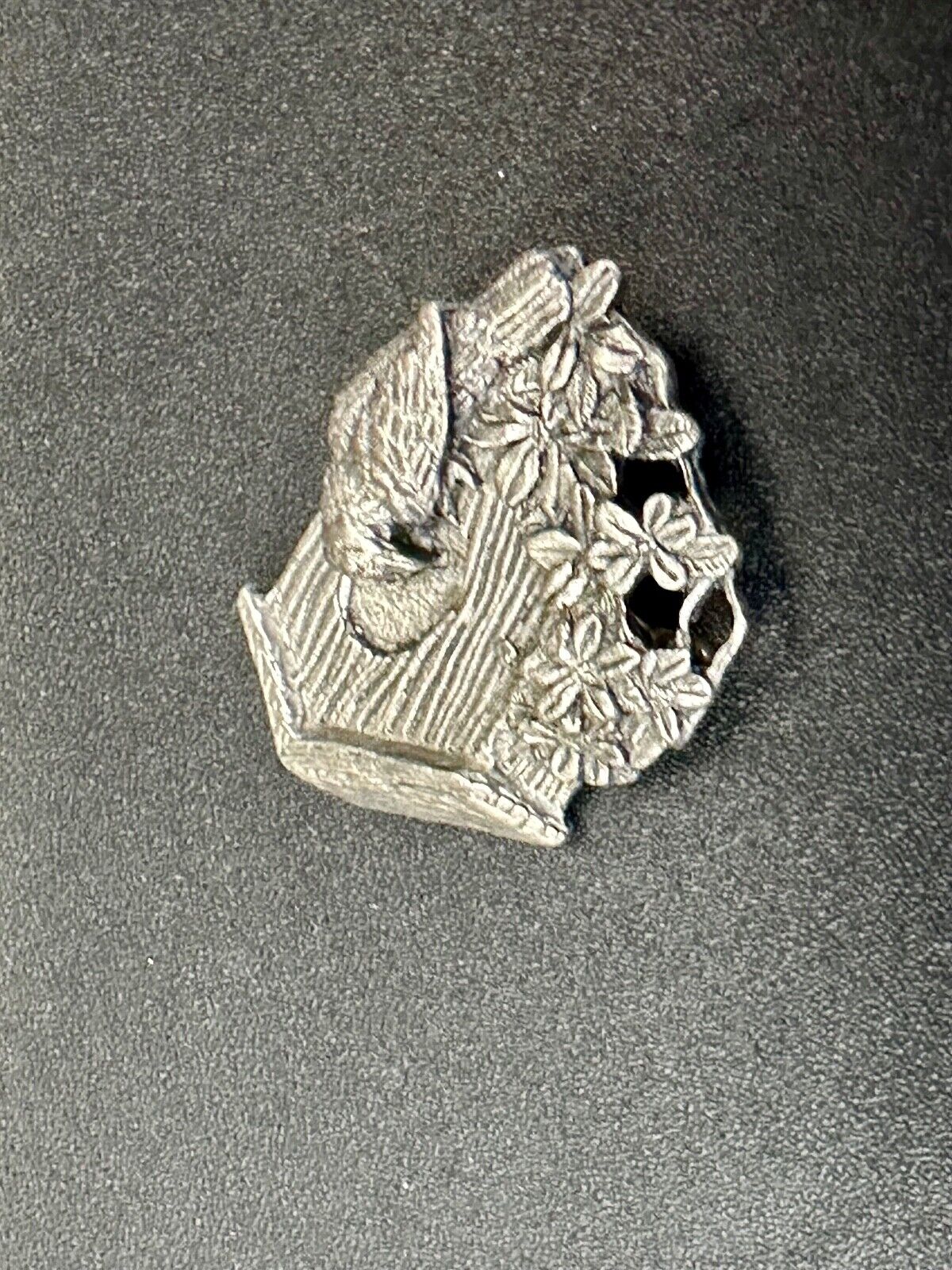 Bird flying to birdhouse - vintage birds and blooms pewter pin