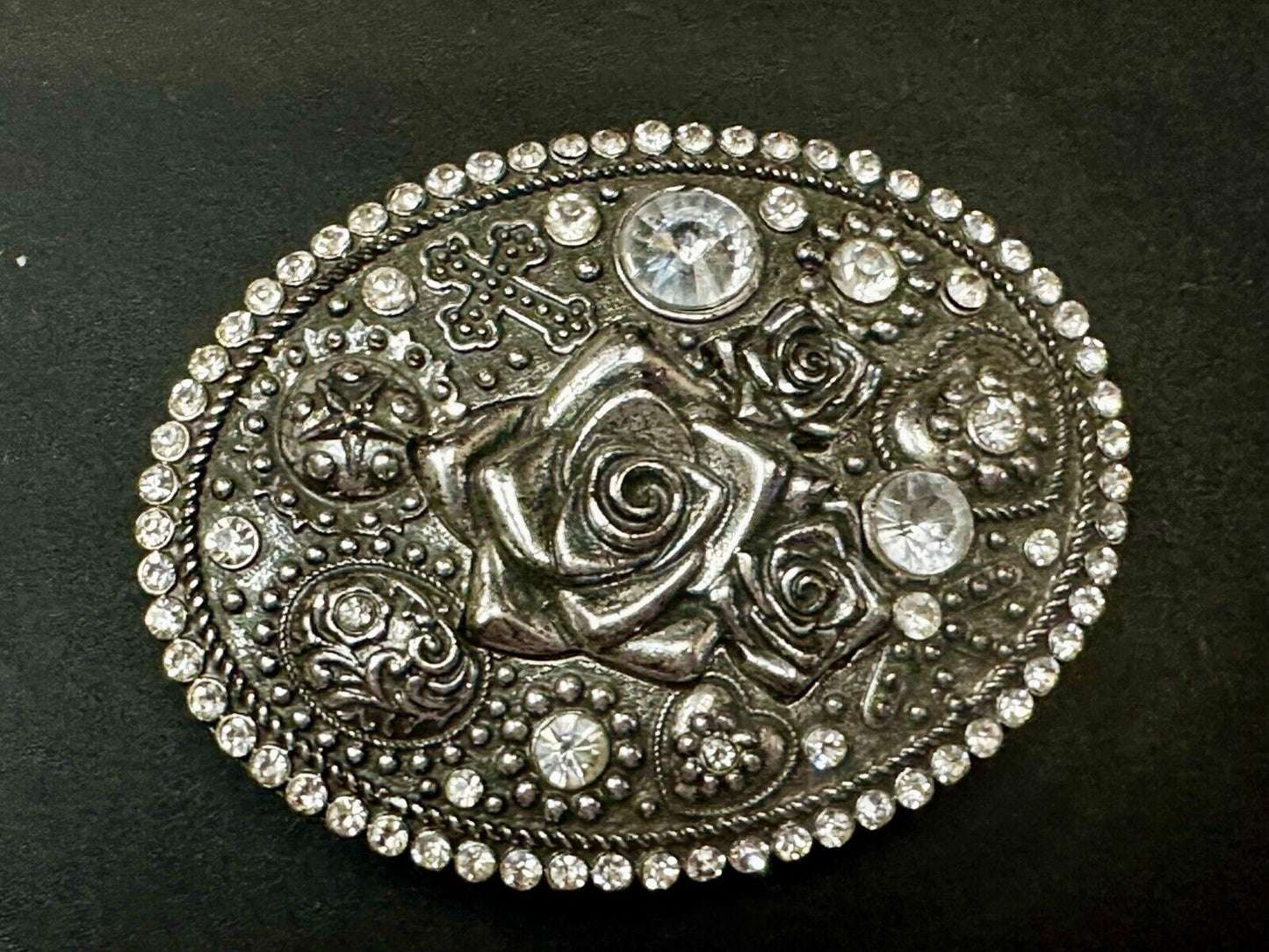 Unique Rose Flower With Rhinestone Accents And Boarder Beautiful Belt Buckle