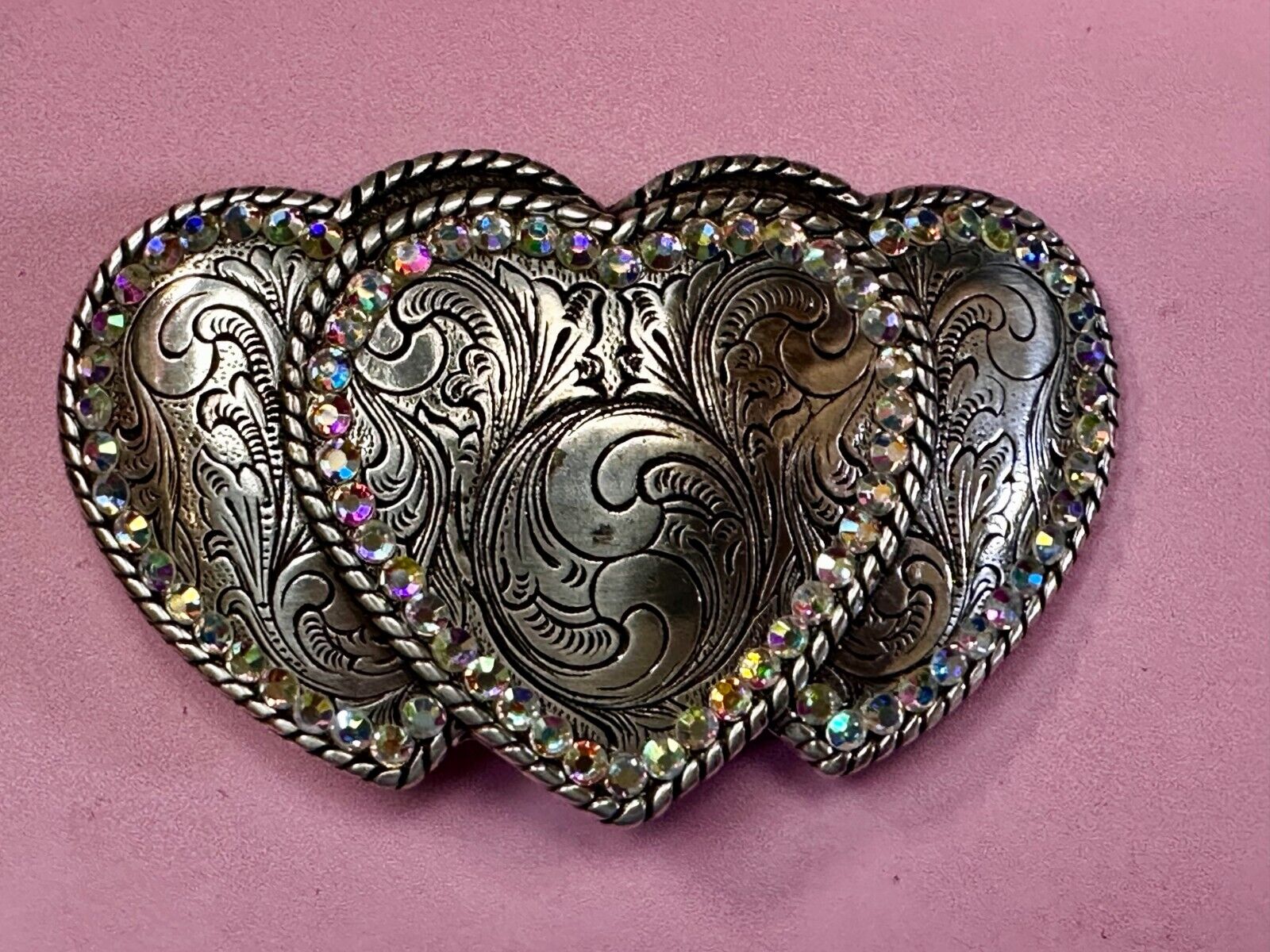 Triple / 3 Hearts - Rhinestone accented Silver tone cutout western Belt Buckle