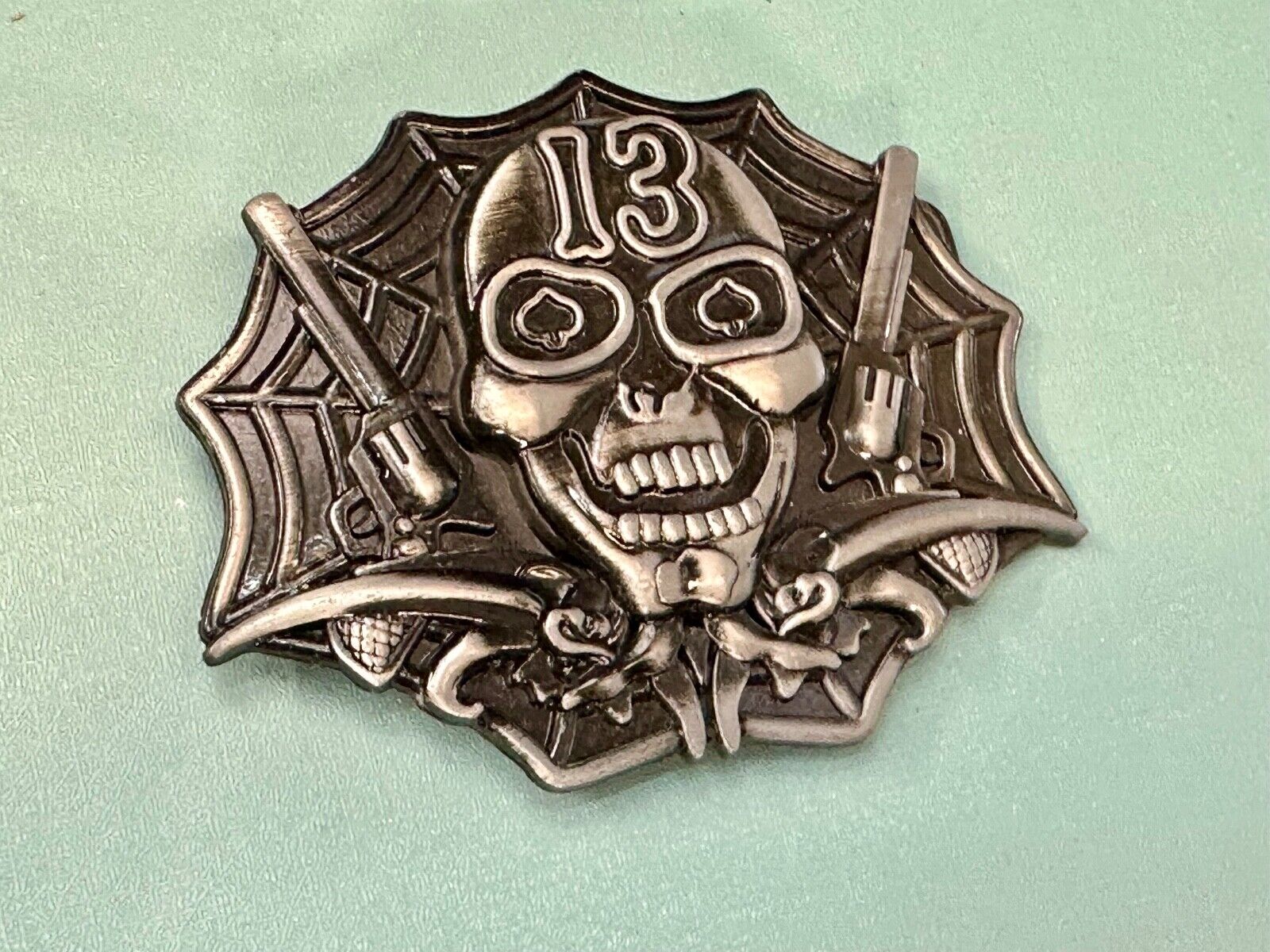 Vampire Skull with bat wings and number 13 metal belt buckle