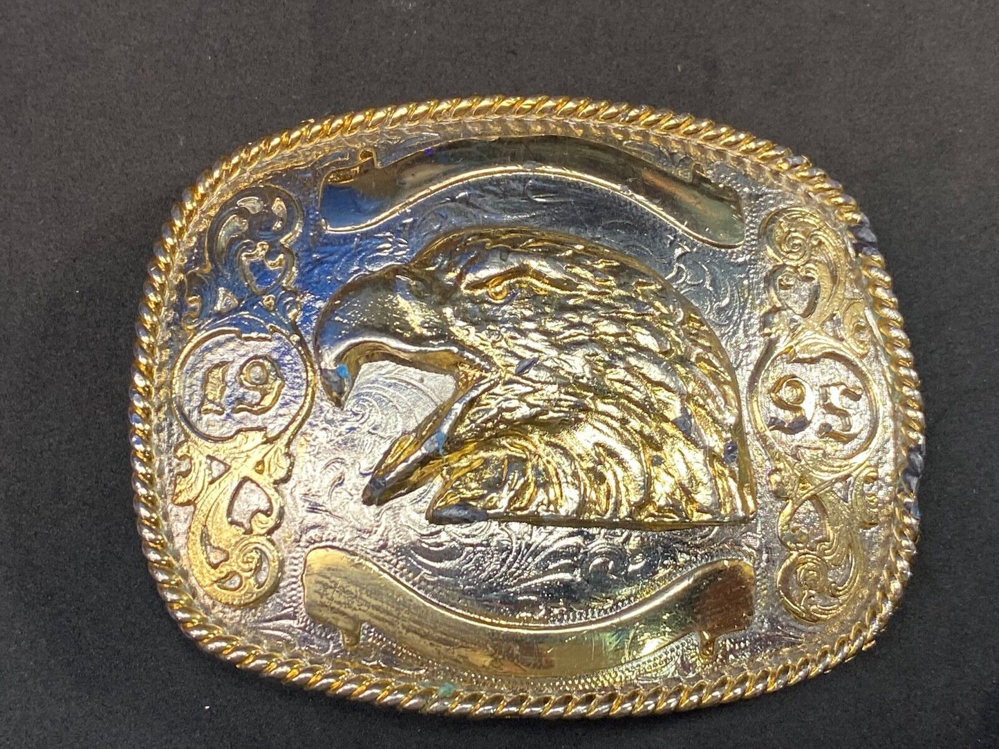 Vintage 1995 Mixed Metal Eagle Head Belt Buckle With Blank Award Ribbon Scroll 