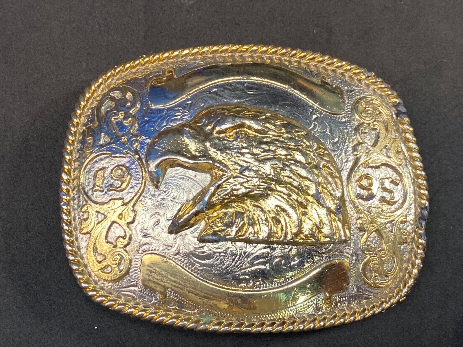 Vintage 1995 Mixed Metal Eagle Head Belt Buckle With Blank Award Ribbon Scroll 