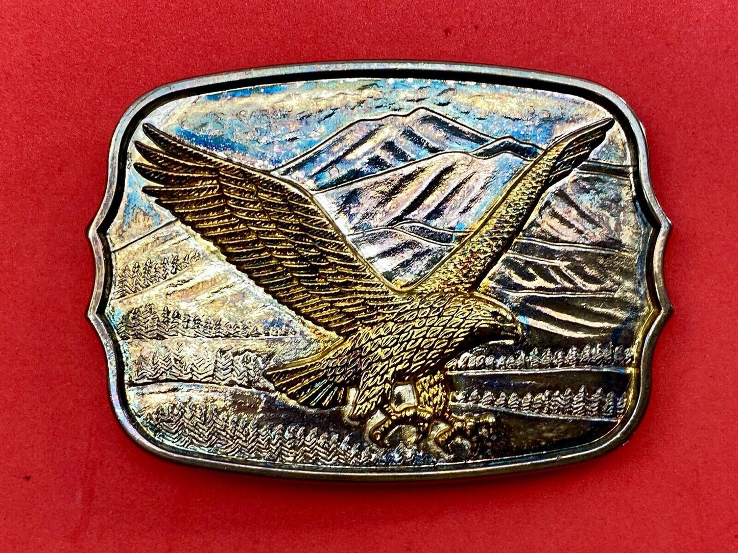 Vintage Gold & Silver Tone Flying American Eagle Mountains numbered Belt Buckle