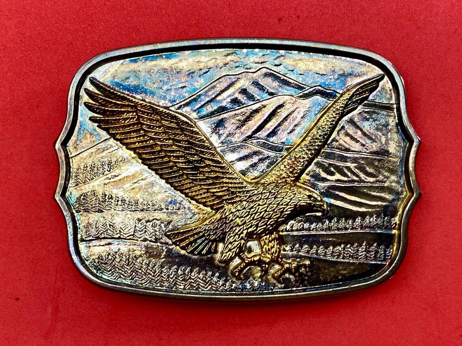 Vintage Gold & Silver Tone Flying American Eagle Mountains numbered Belt Buckle