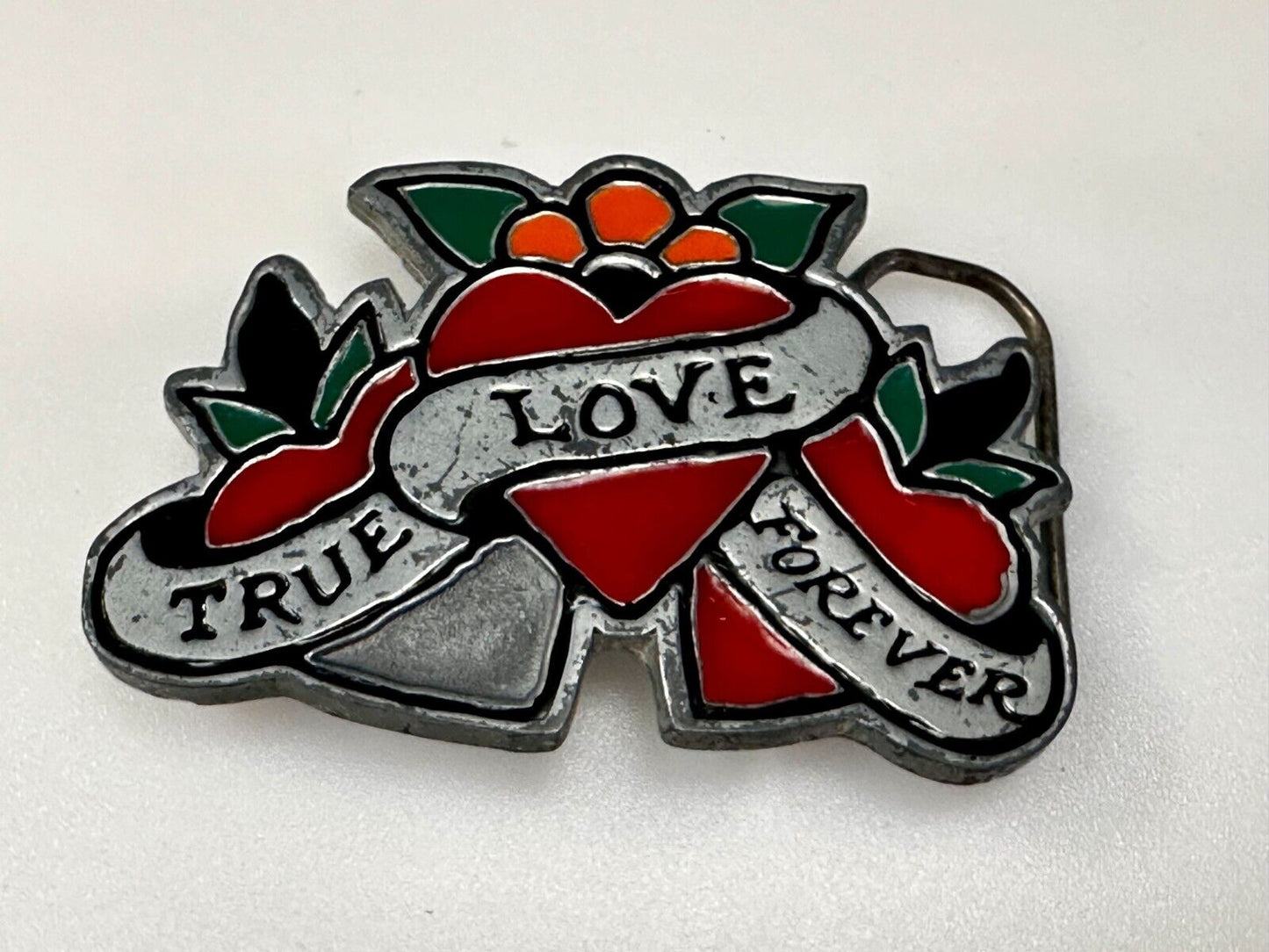 True Love Forever Three Hearts Ribbon Vintage Sailor Jerry Belt Buckle