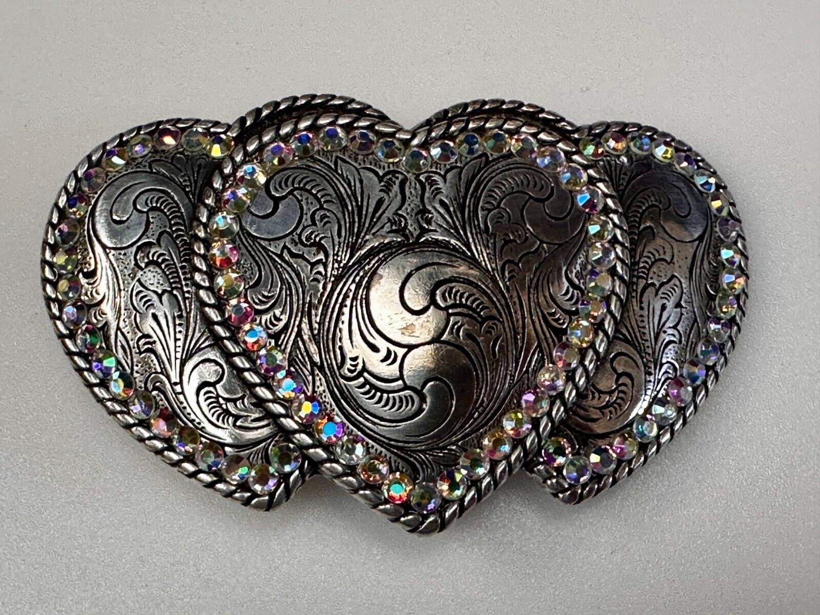 Triple / 3 Hearts - Rhinestone accented Silver tone cutout western Belt Buckle