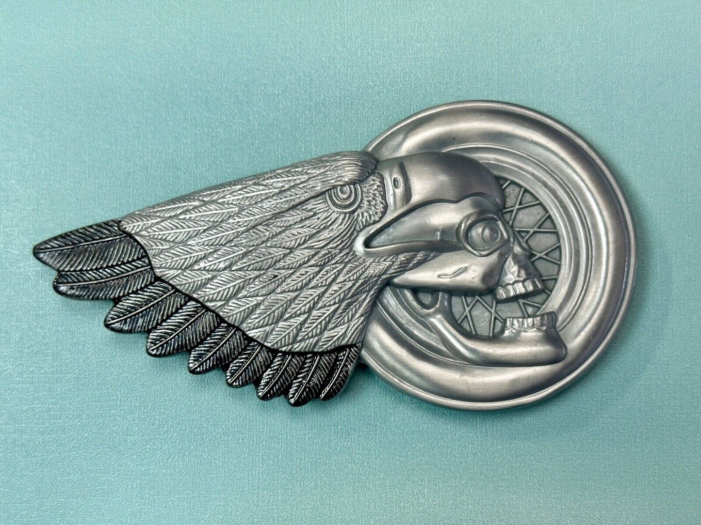 Bikers Skull with Eagle Wing and Motorcycle Wheel figural belt buckle