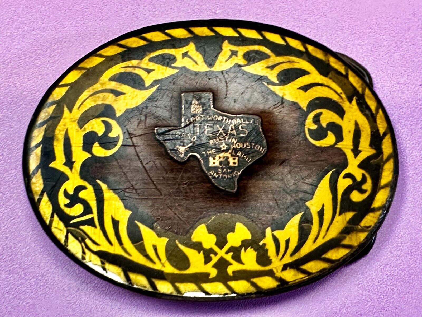 Texas Cutout State Shaped Center On Wooden Vintage Belt Buckle By Harmony Medals