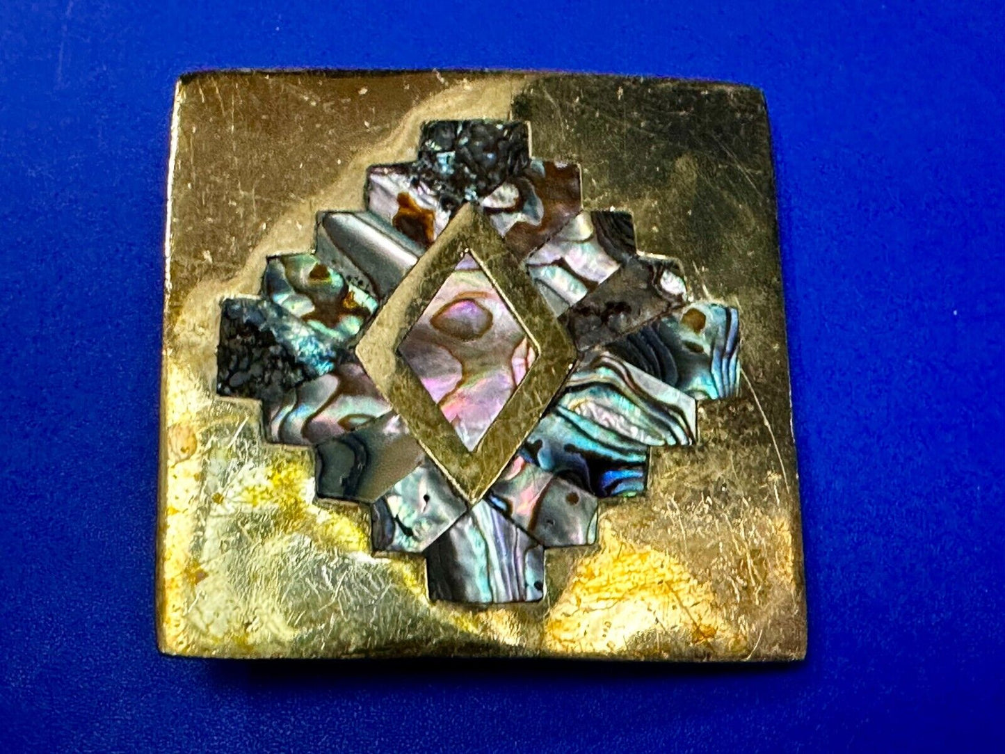 Vintage Inlaid Abalone Shell Into Solid Brass Hippy Vibe Alpaca? Belt Buckle