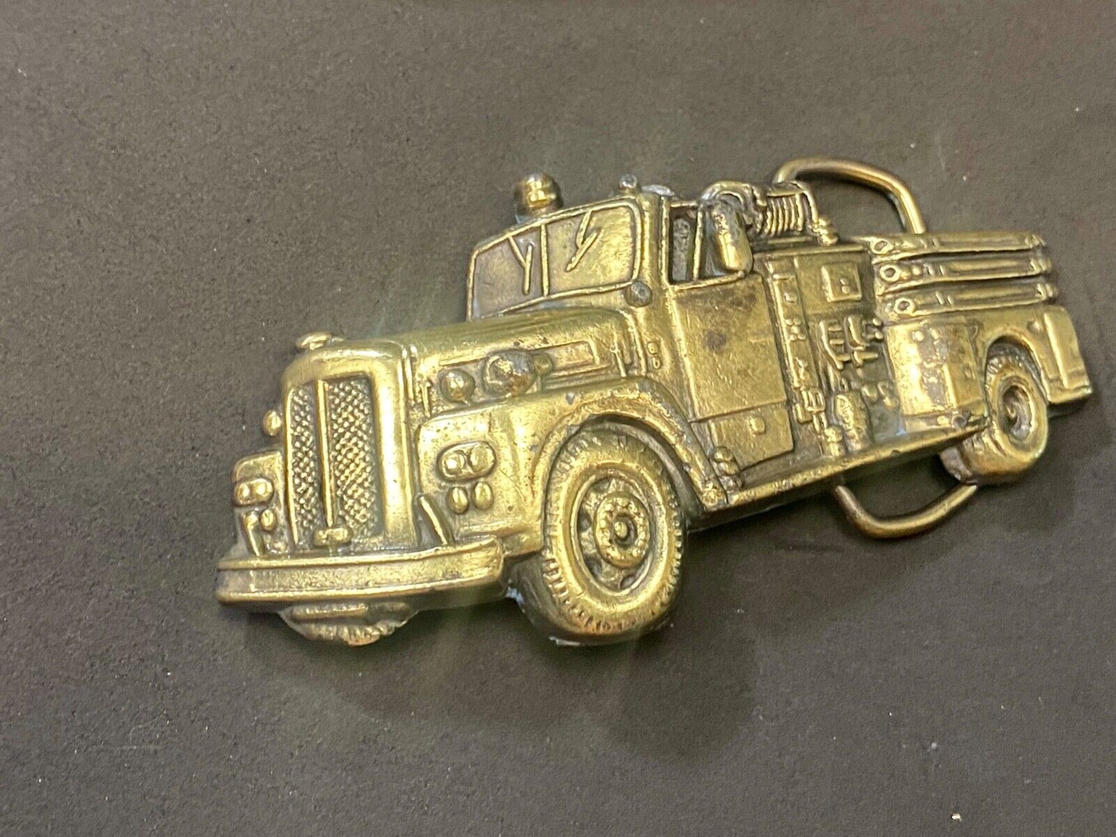 Vintage Figural Fire Truck cut out brass belt buckle