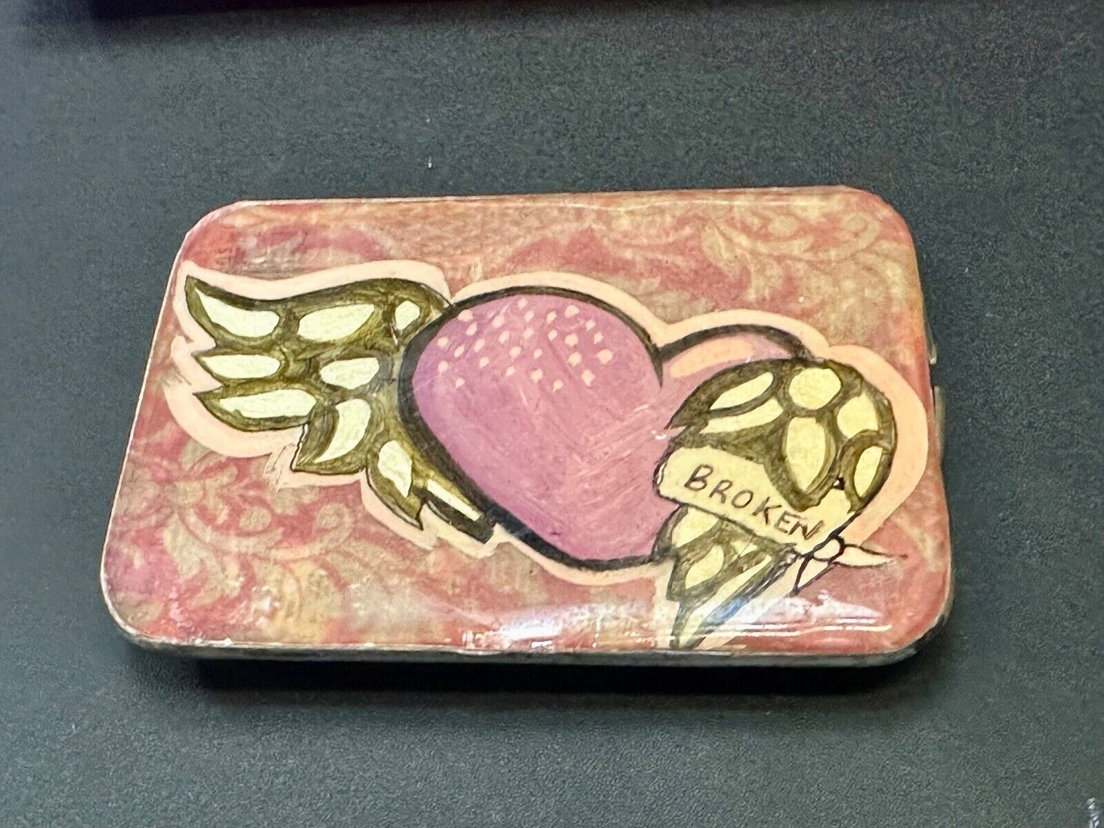 Vintage HEART with wings Mexican Collage belt buckle by artisan Nikki Zabicki