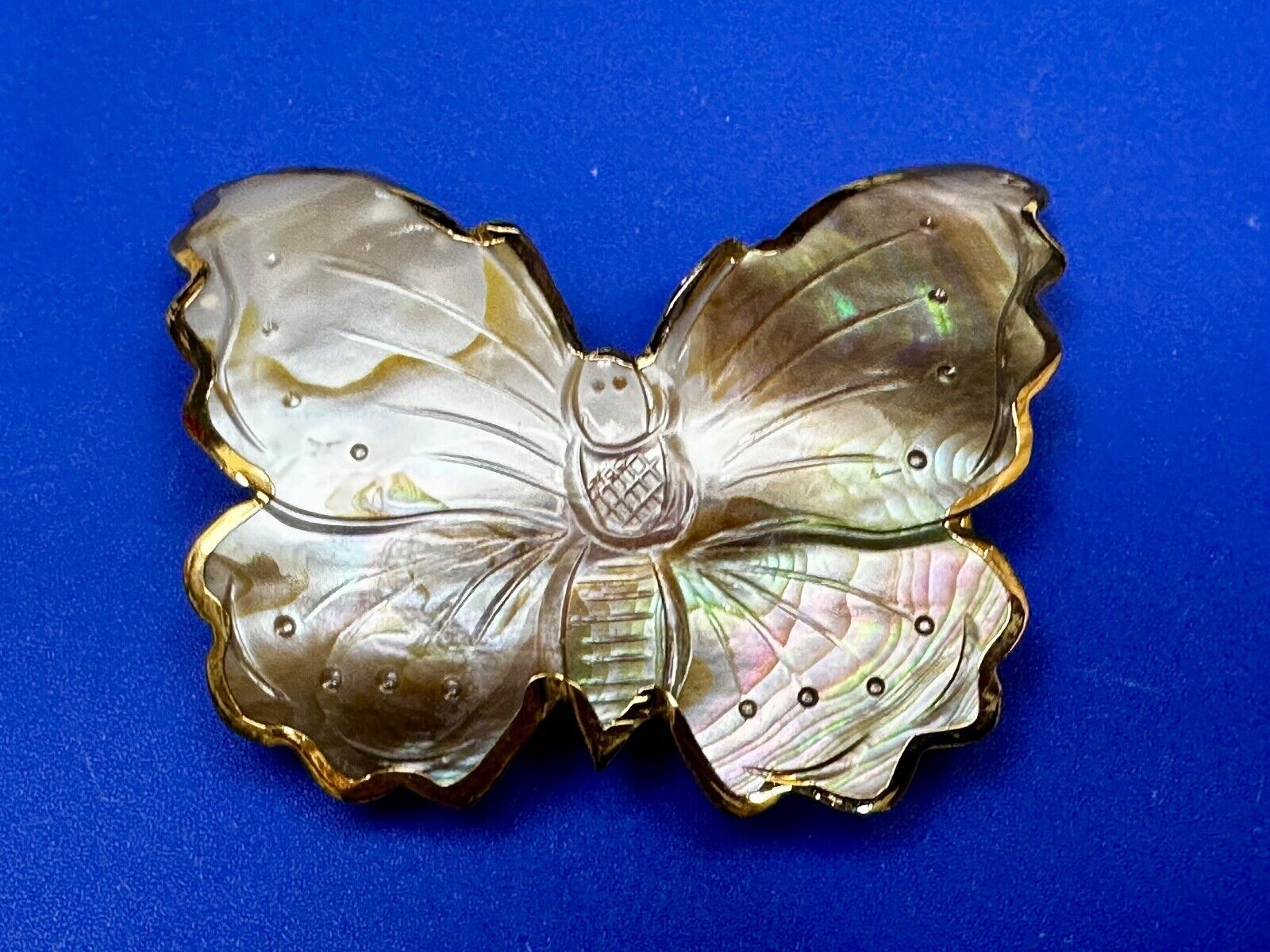 Vintage Butterfly Shaped MOP Mother of Pearl Cutout Gold tone Belt Buckle Slide