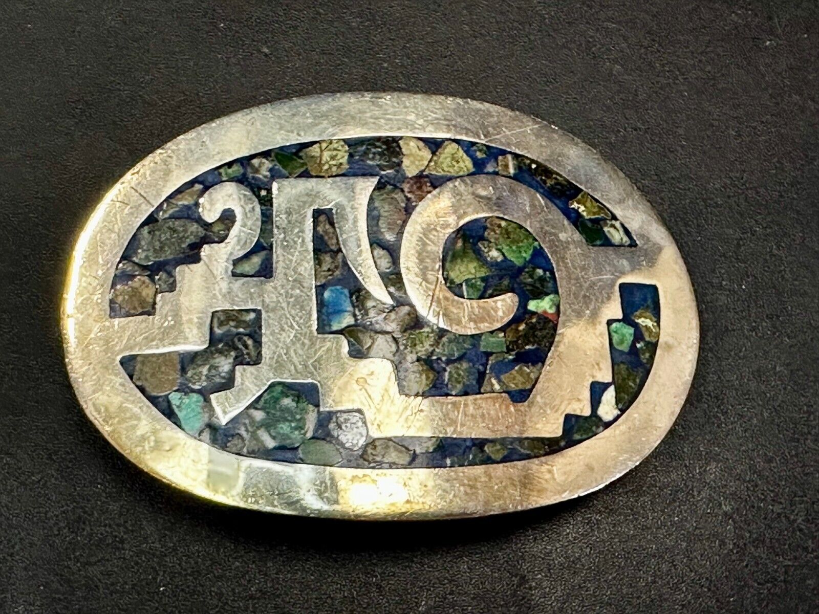 Vintage Inlaid Abalone Shell AZTEC MAYAN Theme Mexico Made? Belt Buckle