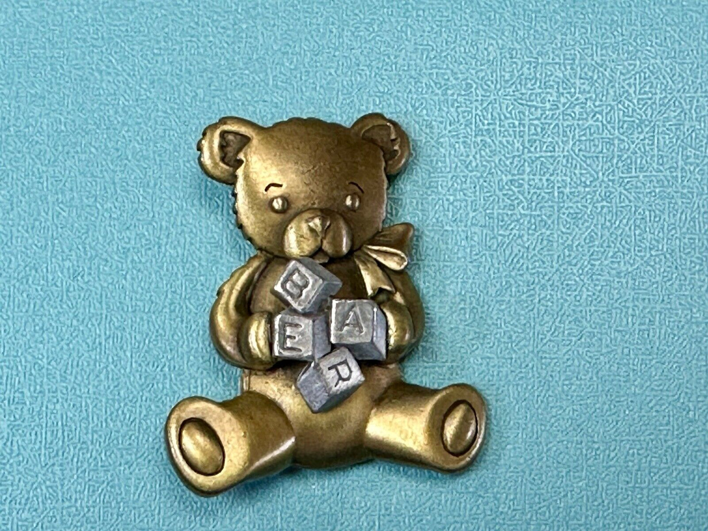 Adorable Two tone Teddy Bear with blocks JJ Signed vintage brooch pin