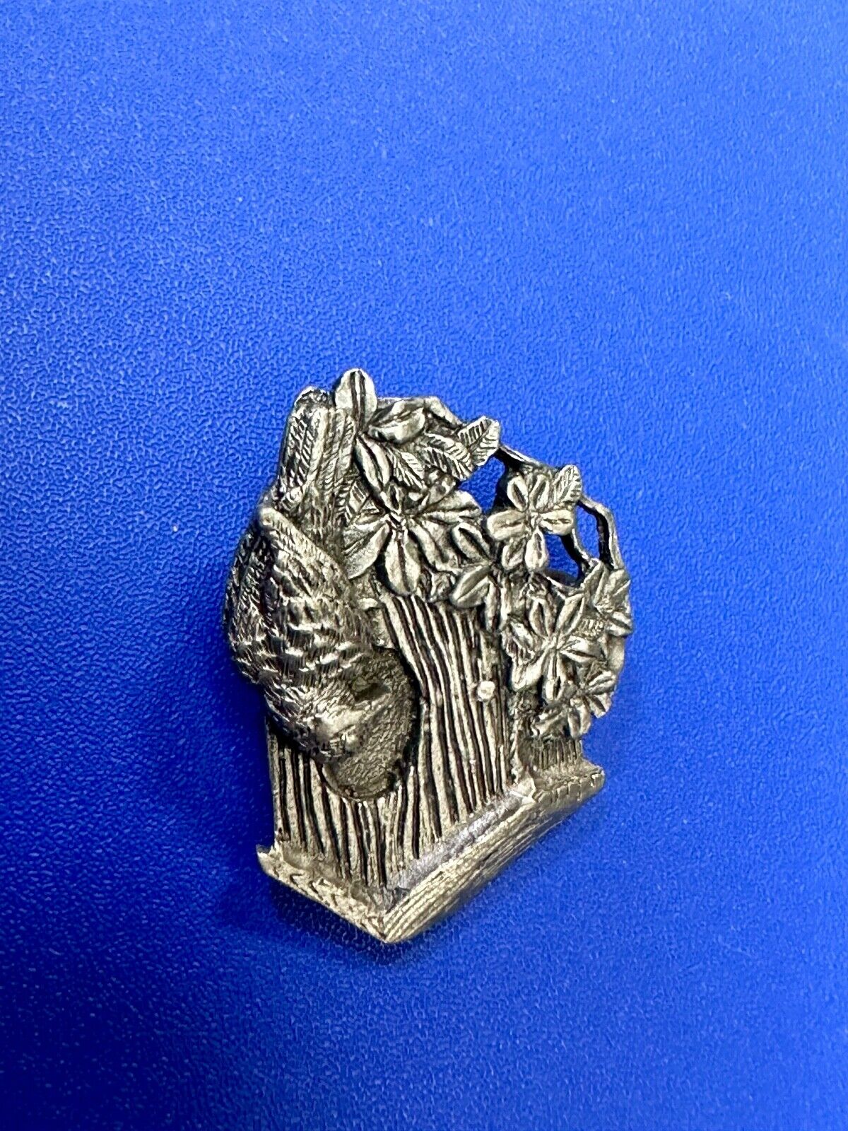 Bird flying to birdhouse - vintage birds and blooms pewter pin