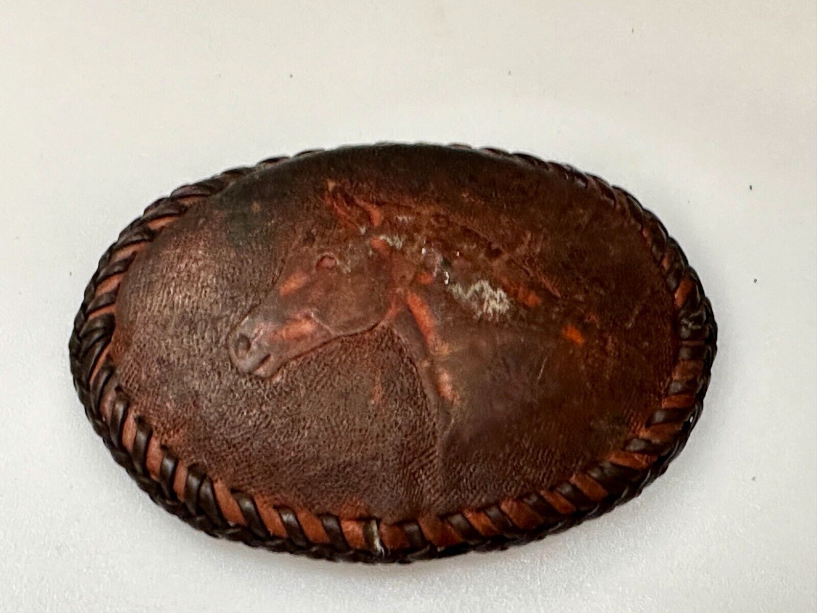 Vintage Horse Head On Brown Leather Belt Buckle to restore!