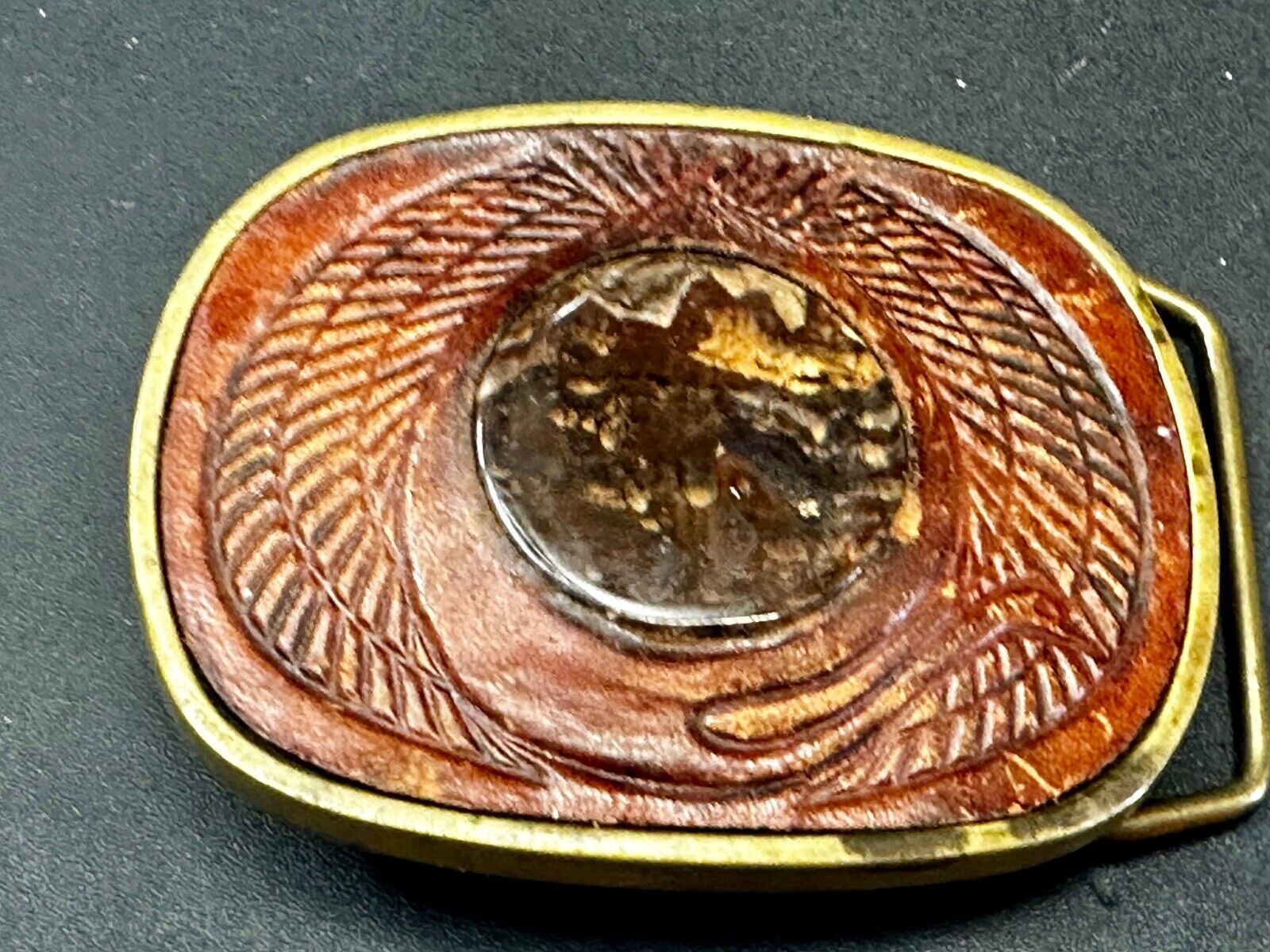 Unique Leather and Solid Brass Round Centerpiece Vintage Belt Buckle by Baron
