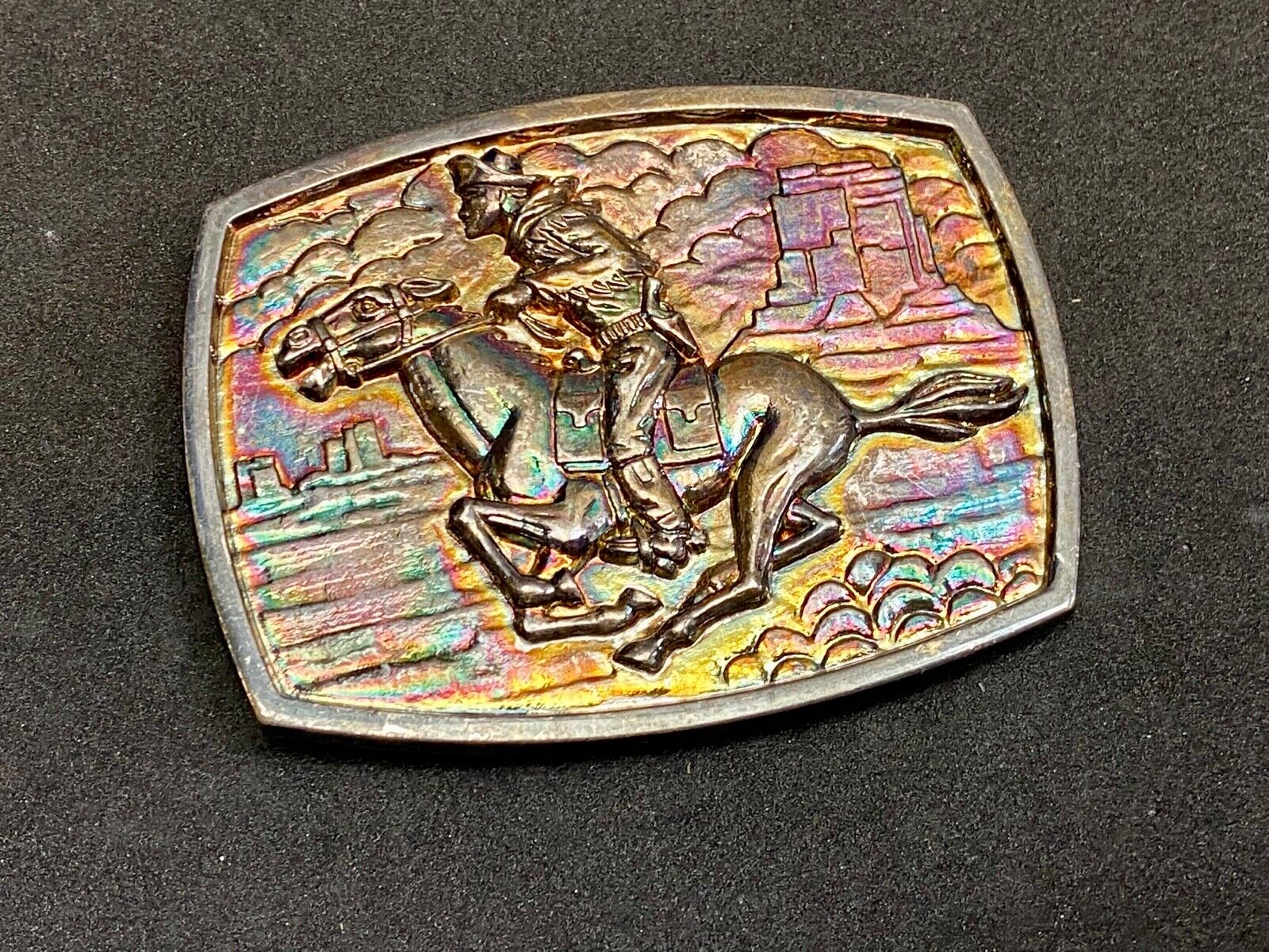 Vintage Horse Back Rider Racing Through Town Western Belt Buckle 