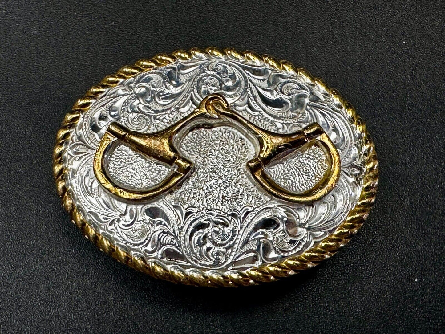 Vintage Crumrine 2" Wide Small Two tone Belt Buckle Engraved Swirl Design